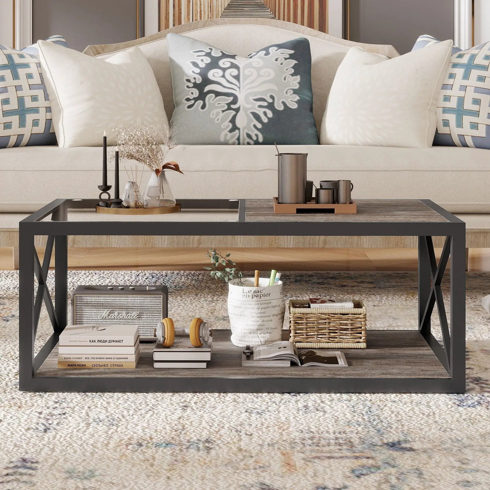 Industrial Style Coffee Table For Bedroom & Living Room With Tempered Glass & Wood Grain - Wood by Unique Piece Furniture