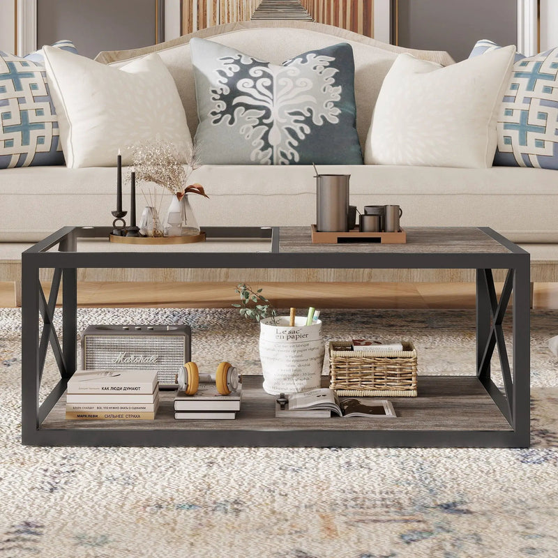 Industrial Style Coffee Table For Bedroom & Living Room With Tempered Glass & Wood Grain - Wood by Unique Piece Furniture