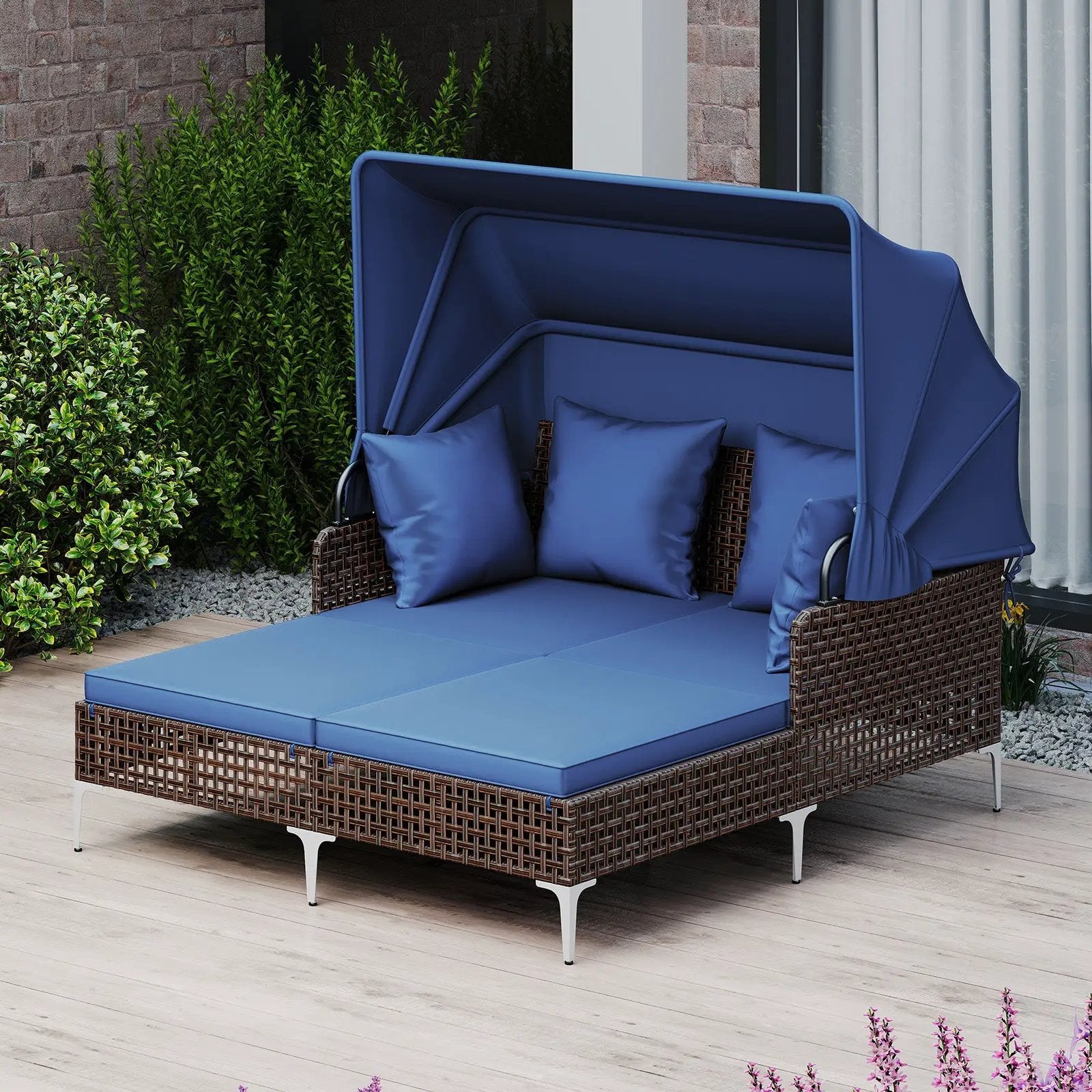 Outdoor Daybed with Retractable Canopy PE Wicker Rattan Patio Lounger by DirectDeals
