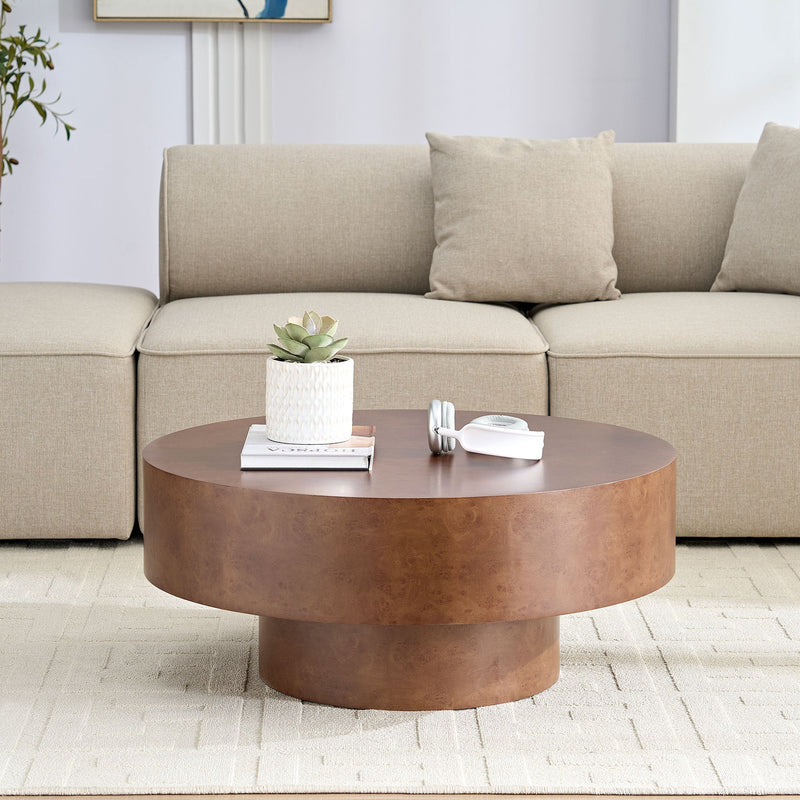 31.49'' Faux Burl Wood Pattern Round Coffee Table with Sturdy Pedestal by HouseOfZazla