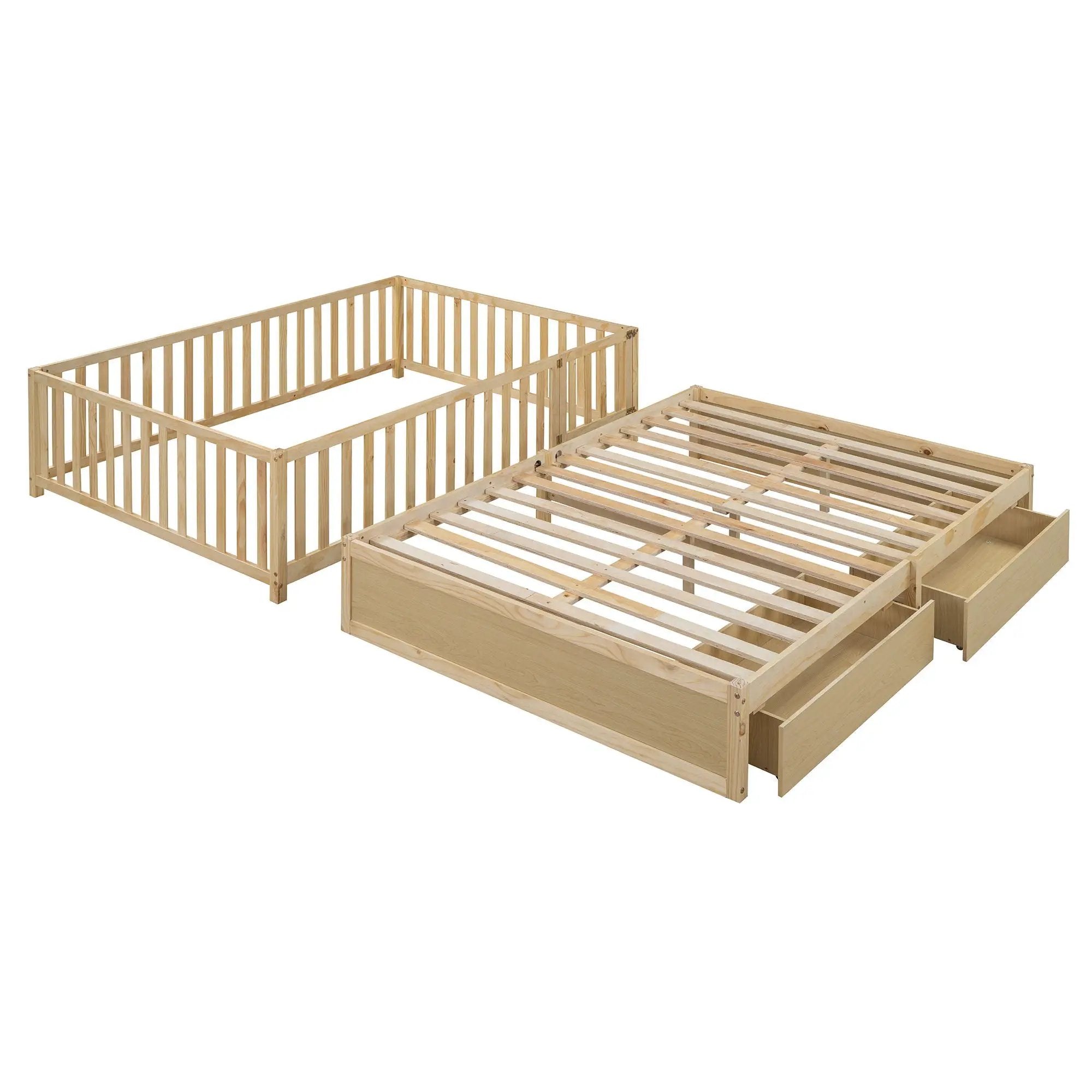Daybed With Fence Guardrails And 2 Drawers, Split Into Independent Floor Bed & Daybed by HouseOfZazla