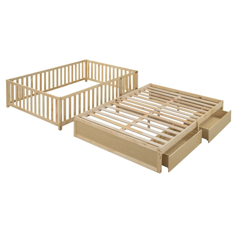 Daybed With Fence Guardrails And 2 Drawers, Split Into Independent Floor Bed & Daybed by HouseOfZazla