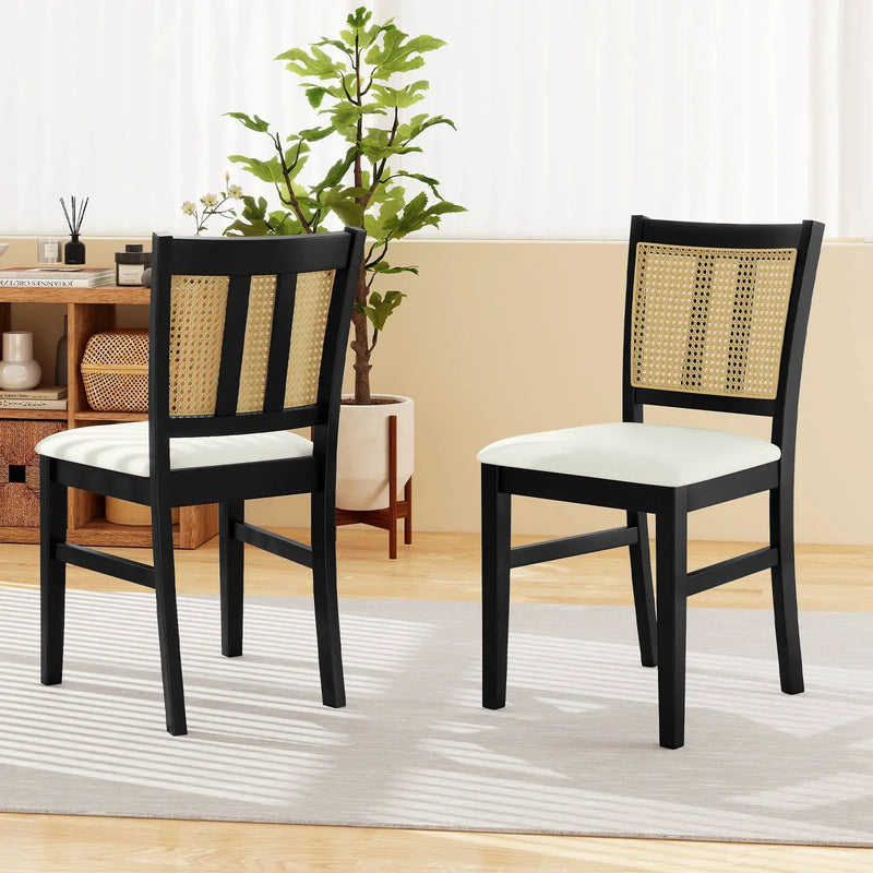 Farmhouse Rattan Dining Chair Set of 2 with Rubber Wood Legs and Cane Back-Beige by DirectDeals
