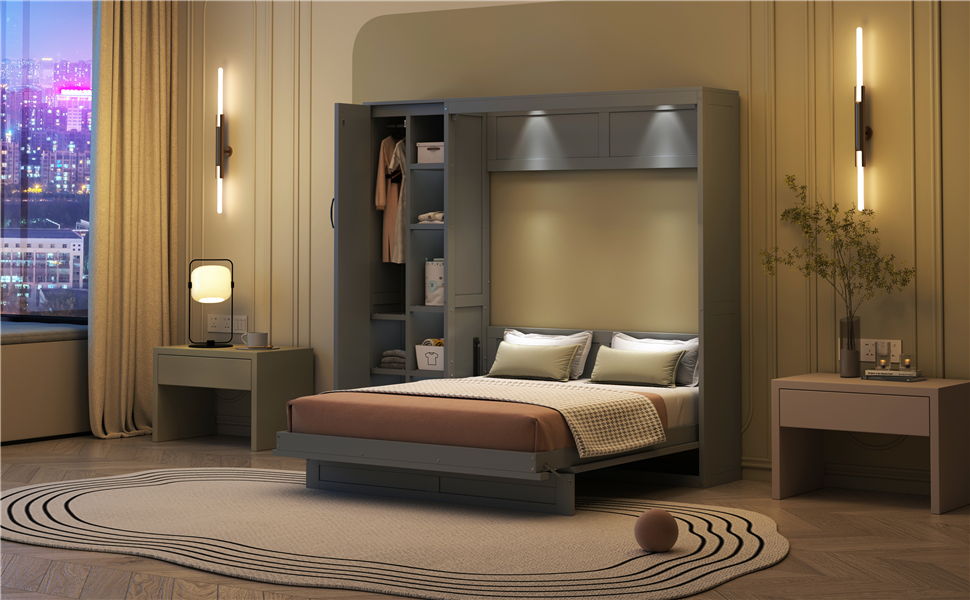 Murphy Wall Bed With Shelves, Wardrobe And LED Lights
