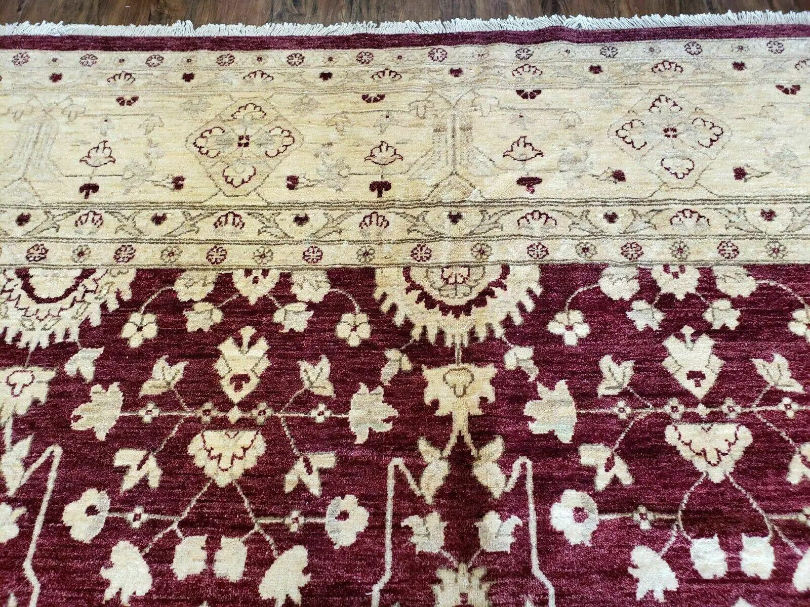 Pakistani Peshawar Rug 10x14, Handmade Chobi Carpet, Maroon & Beige by Jewel Rugs