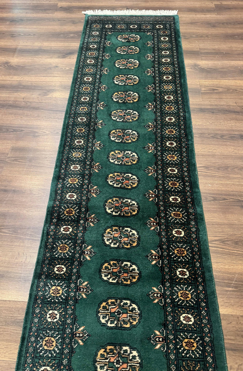 Pakistani Bokhara Runner Rug 2.5 x 11, Green Turkoman Wool Runner for Hallway by Jewel Rugs