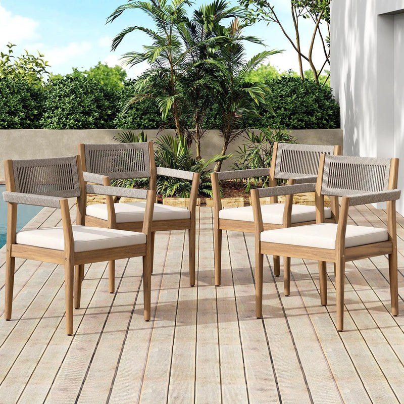 Braided Acacia Wood Outdoor Dining Chairs Set of 2 – Teak Look with Beige Rope & Cream Cushions by HouseOfZazla
