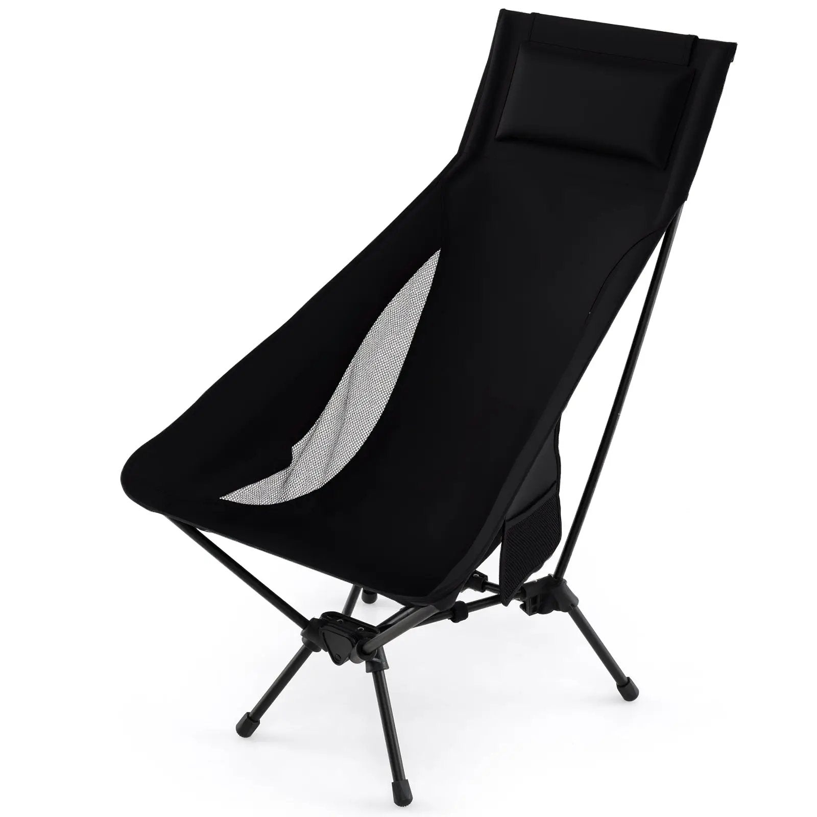 High Back Portable Camping Chair with Compact Carry Bag and Pillow-Black by DirectDeals