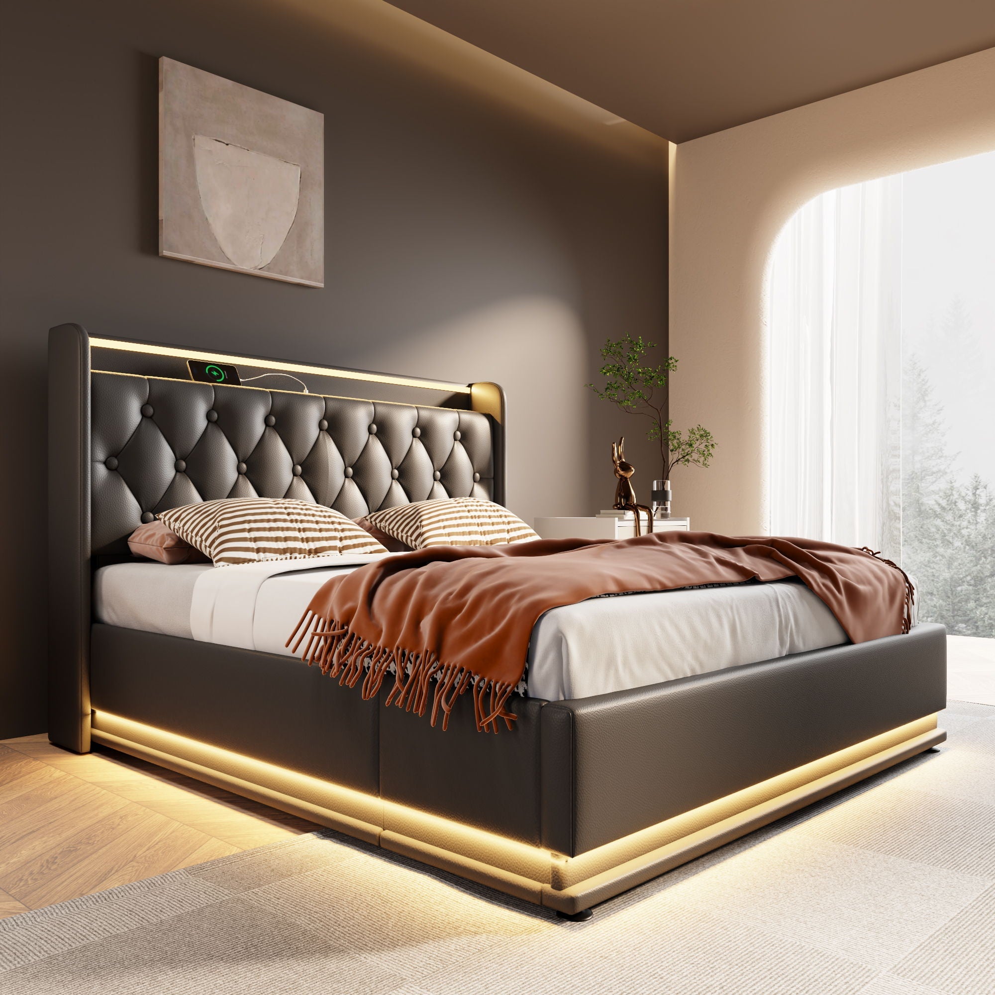 Upholstered Bed, 360 Surround LED Function, Remote Control, Hydraulic Storage Bed With USB, Type-C Charging (Without Mattress) by HouseOfZazla