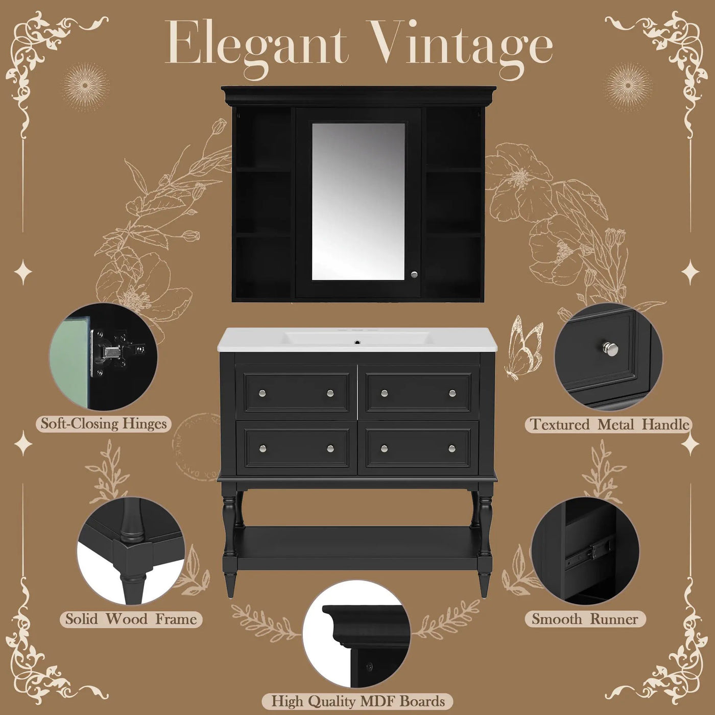 Bathroom Vanity With Medicine Cabinet, Storage Cabinet With 4 Drawers, Adjustable Shelf Mirror by Unique Piece Furniture