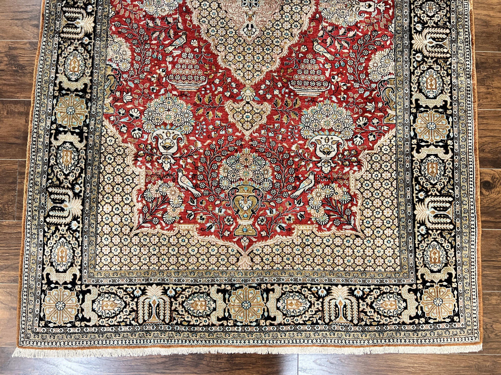 Wonderful Persian Silk Rug 5x7, Birds Floral Vases, Red, Hand Knotted Silk Fine Oriental Carpet, Handmade Vintage, Persian Qum Rug, 400 KPSI by Jewel Rugs