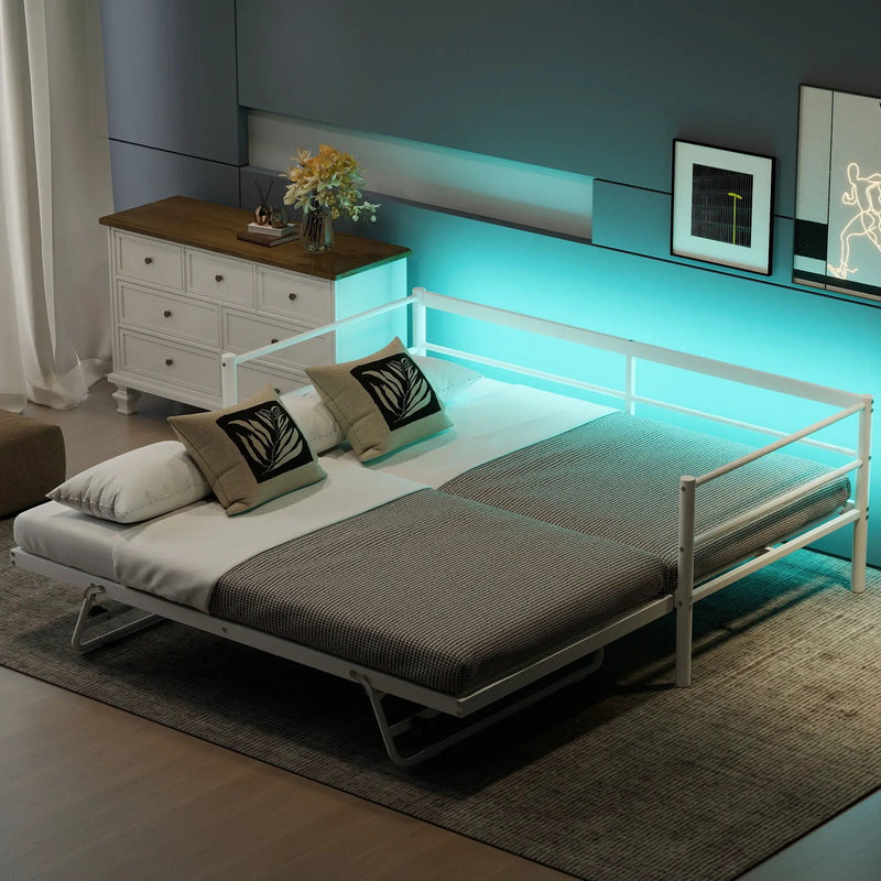 Industrial Metal Daybed With Adjustable Pop Up Trundle And LED Strip by Unique Piece Furniture