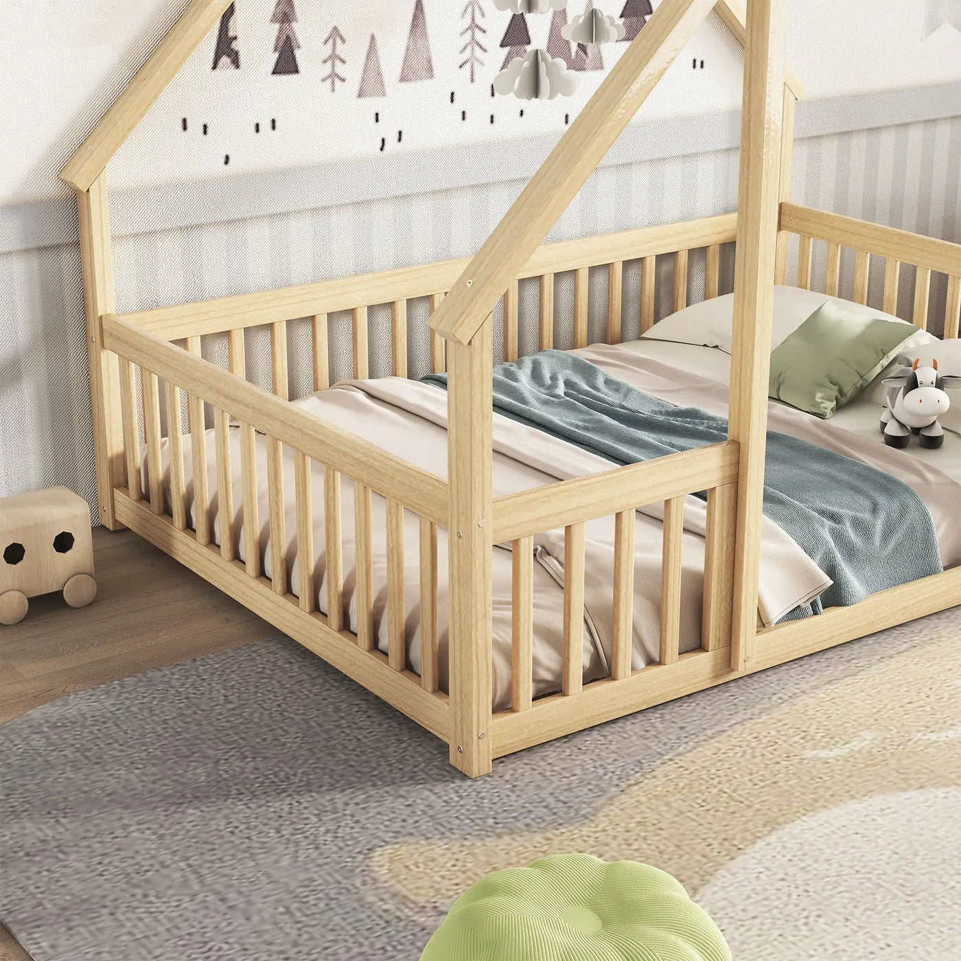Wood House-Shaped Floor Bed With Fence, Guardrails by Unique Piece Furniture