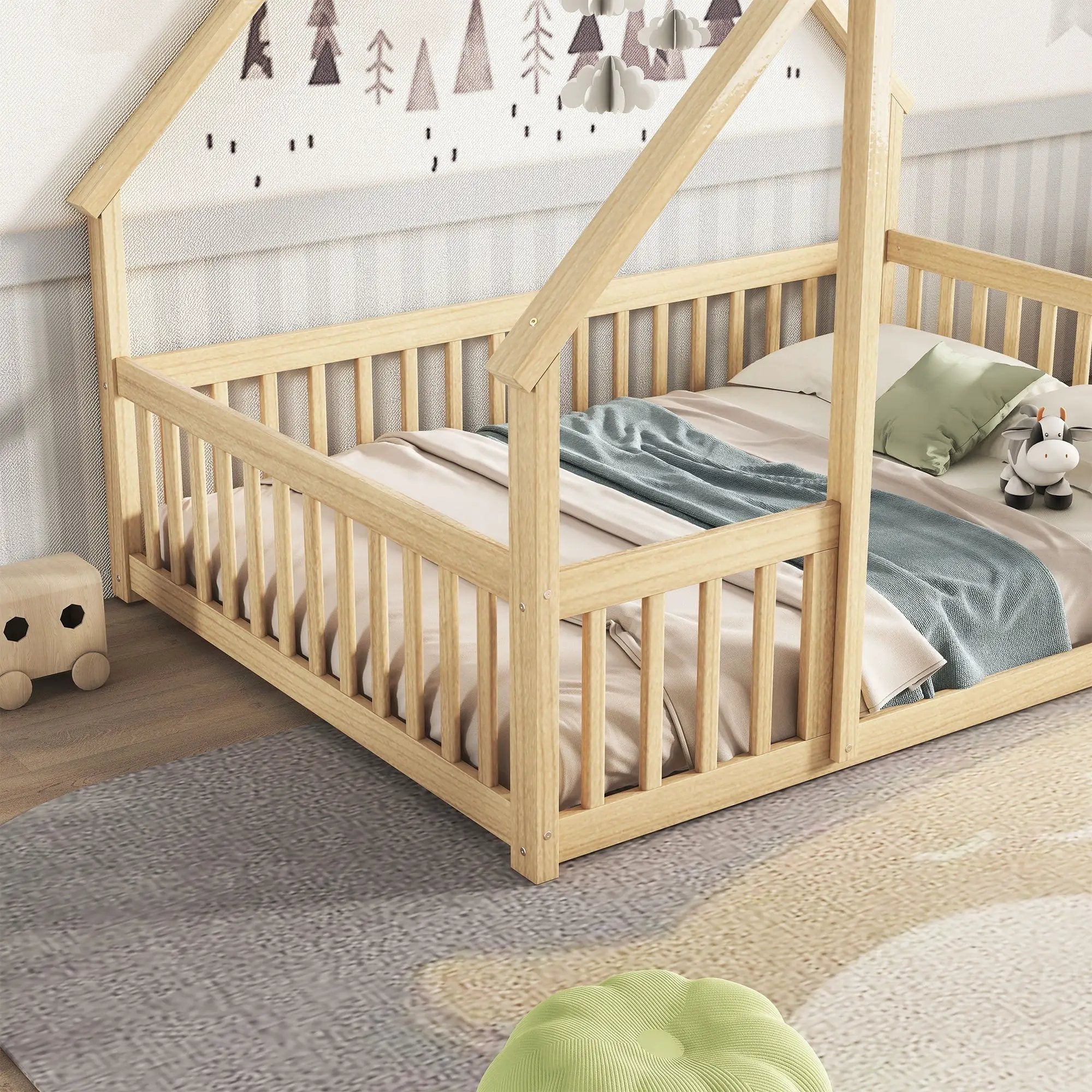 Wood House-Shaped Floor Bed With Fence, Guardrails by Unique Piece Furniture