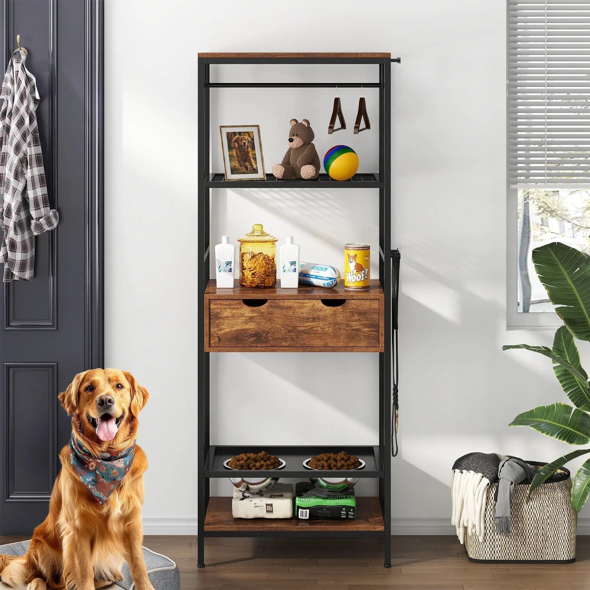 Dog Feeding Station, 3 Height Adjustable Raised Dog Bowls, Dog Feeder Station For Large Medium Dogs Cats, Dog Storage With Shelves - Black / Dark Brown by HouseOfZazla