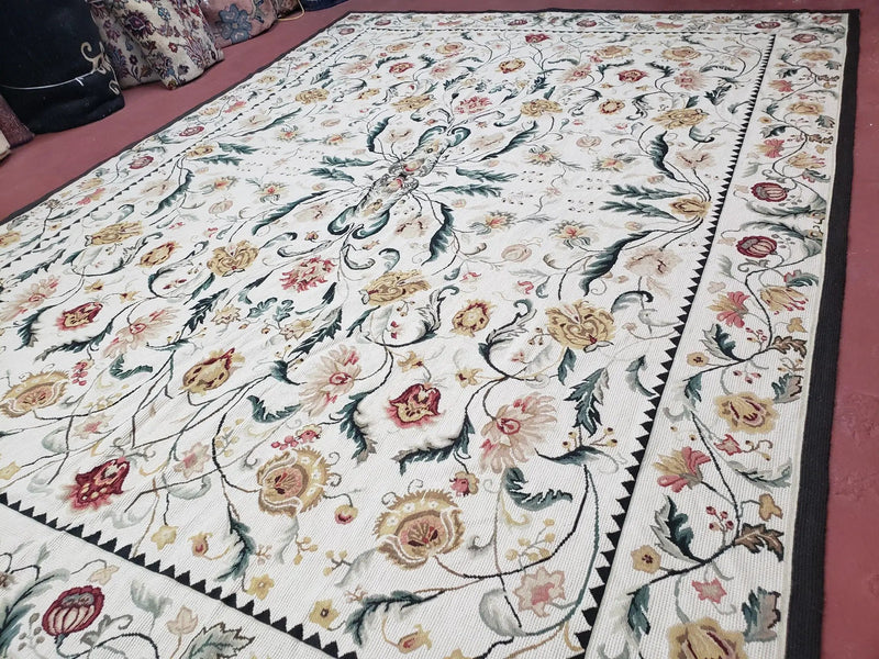 New Needlepoint Rug 9x12, Hand Woven Wool Area Rug, Flatweave Carpet, Handmade Chinese Needlepoint, Floral European Design, Ivory Background by Jewel Rugs