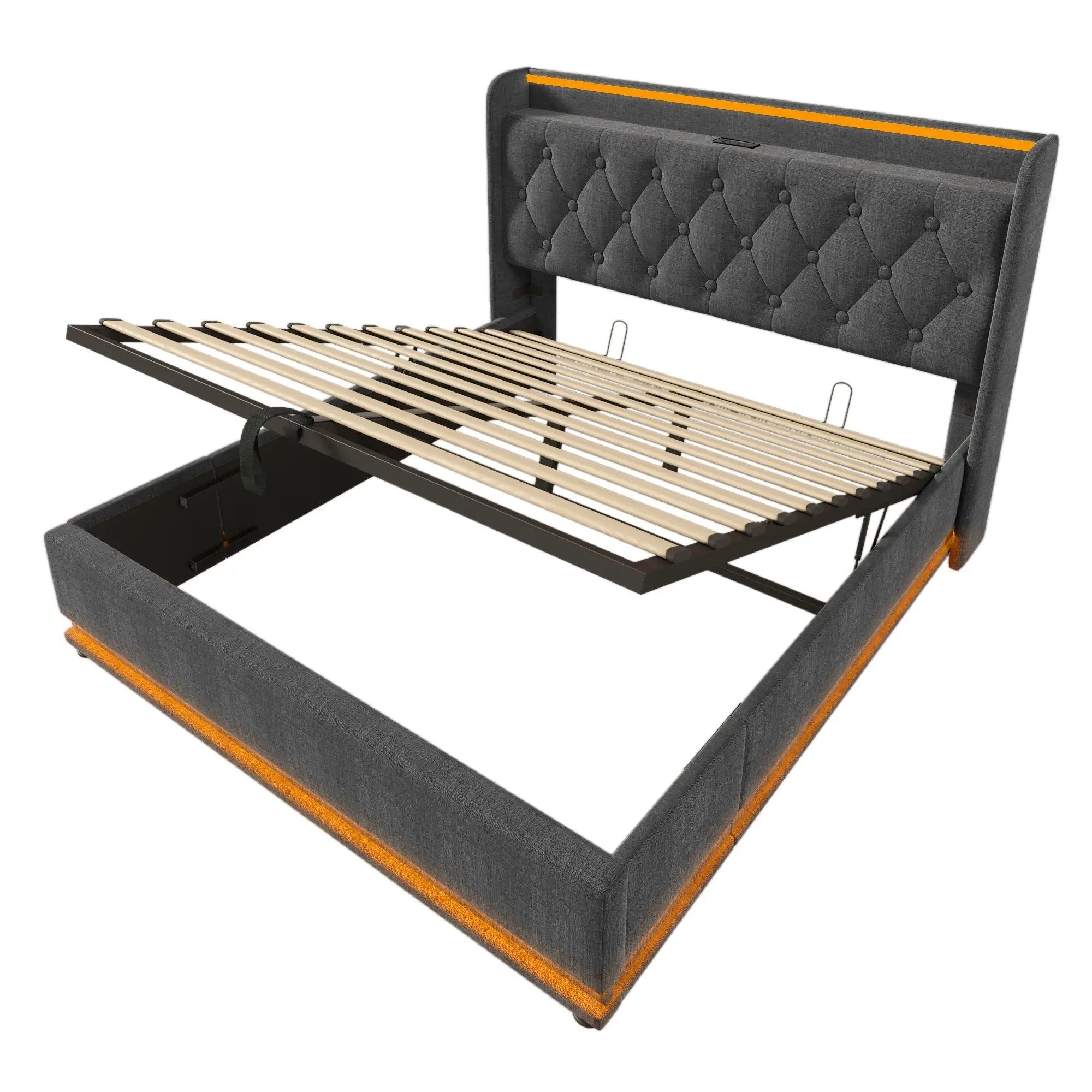 Upholstered Bed, 360 Surround LED Function, Remote Control, Hydraulic Storage Bed With USB, Type-C Charging (Without Mattress) by HouseOfZazla