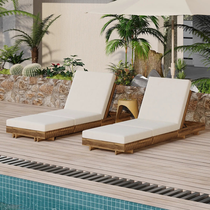 Lounge Chaise Set, Acacia Solid Wood with Cream Lounge Cushion by HouseOfZazla