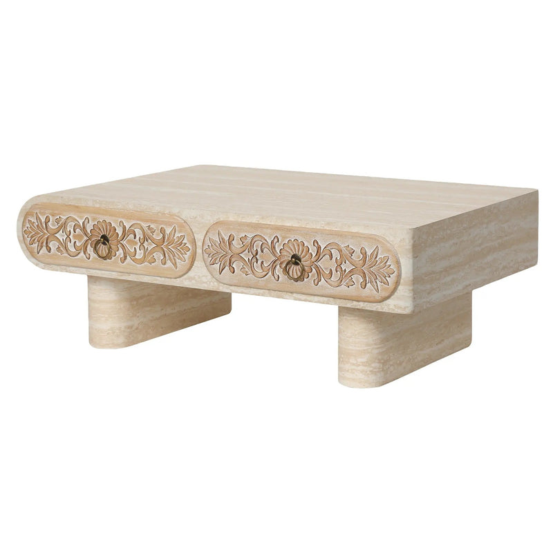 Rounded Edge Coffee Table with Flower Pattern Solid Wood Drawer by HouseOfZazla
