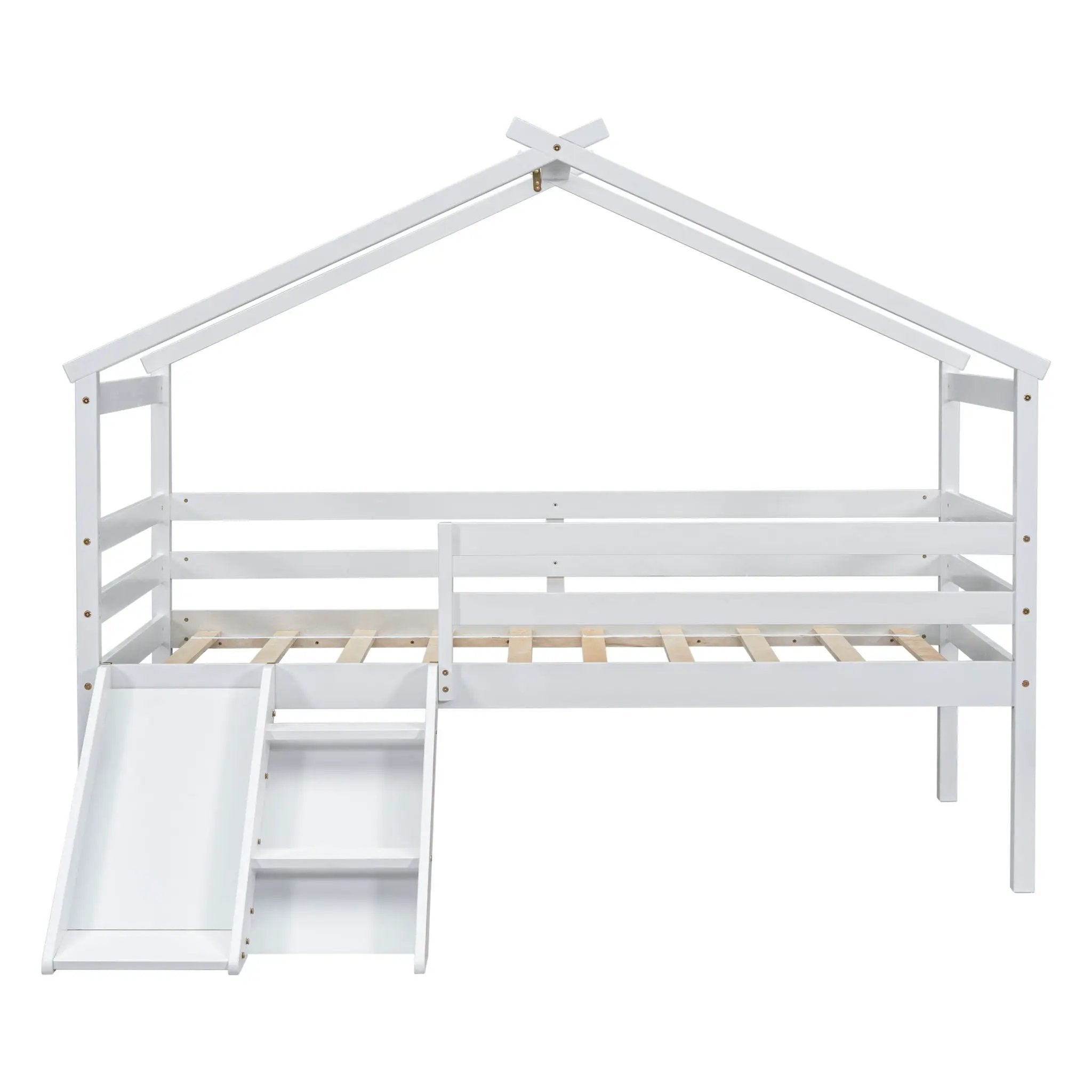 Low Loft House Bed With Slide, Ladder, Safety Guardrails, House Roof Frame by HouseOfZazla