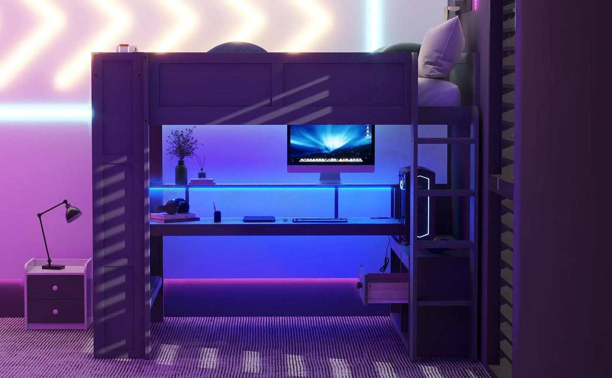 Wood Full Size Gaming Loft Bed with Desk, Multi-storage Shelves, LED and Charging Station, photo 5 of 10