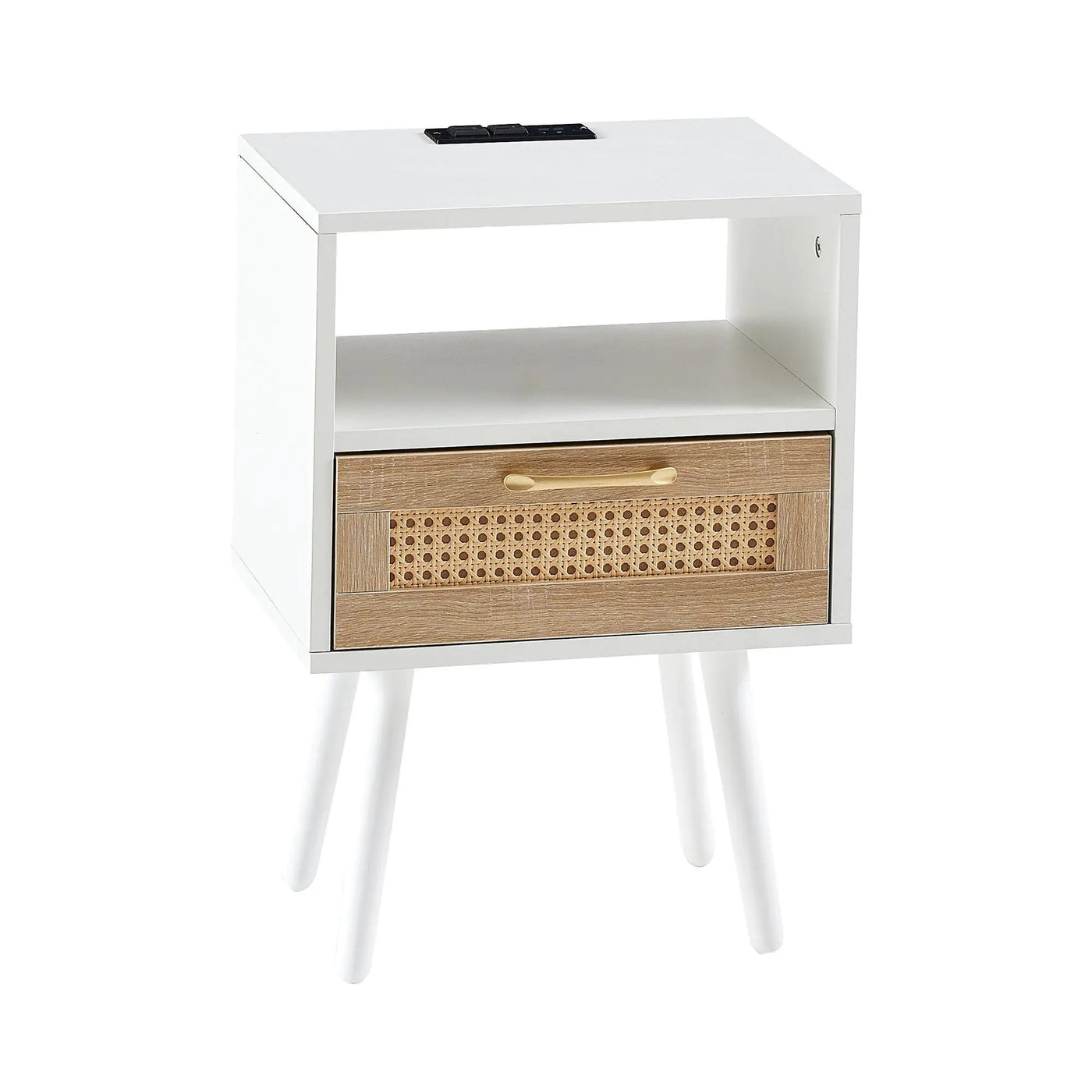 15.75" Rattan End Table With Power Outlet & USB Ports, Modern Nightstand With Drawer And Solid Wood Legs, Side Table For Living Room, Bedroom by Unique Piece Furniture