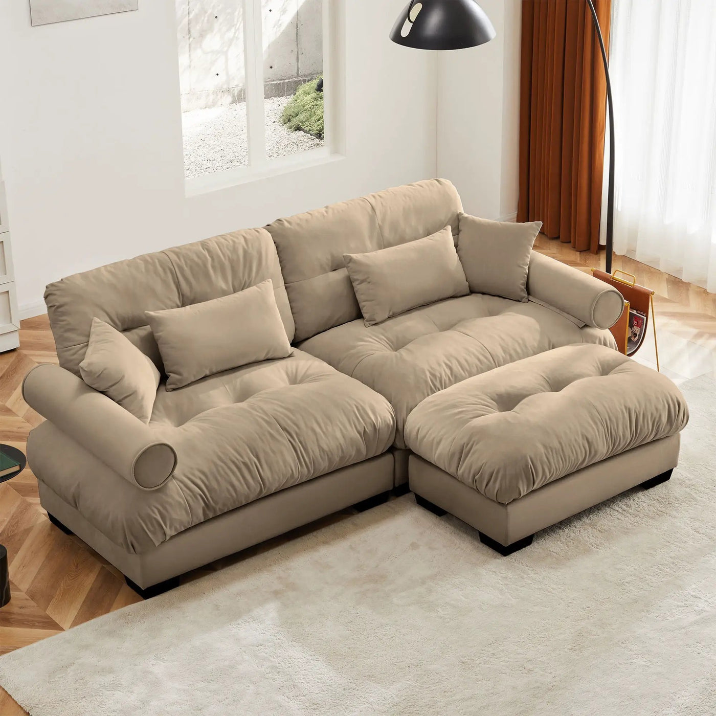 Modern Sectional Sofa With Ottoman, Round Bolster Armrests, Waist And Throw Pillows by HouseOfZazla