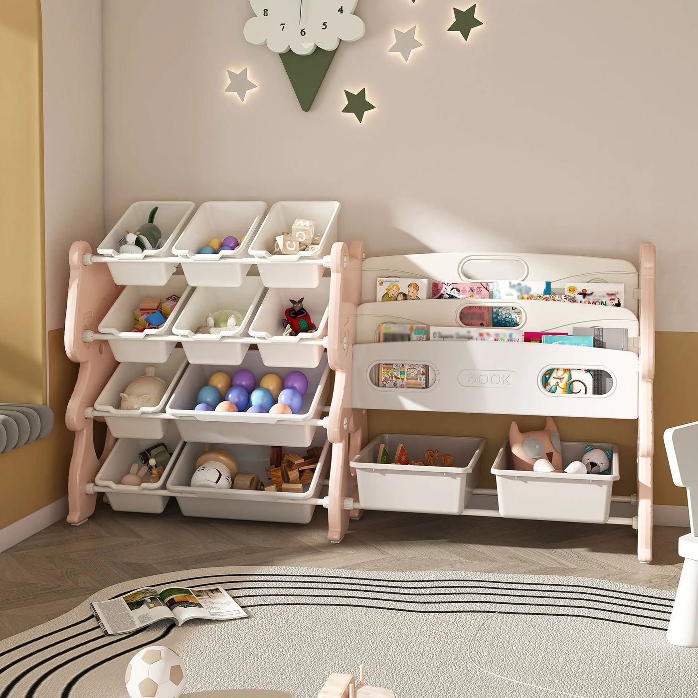 Kids Toy Storage Organizer With 2 Tier Bookshelf, Toy Storage With 12 Bins by Unique Piece Furniture