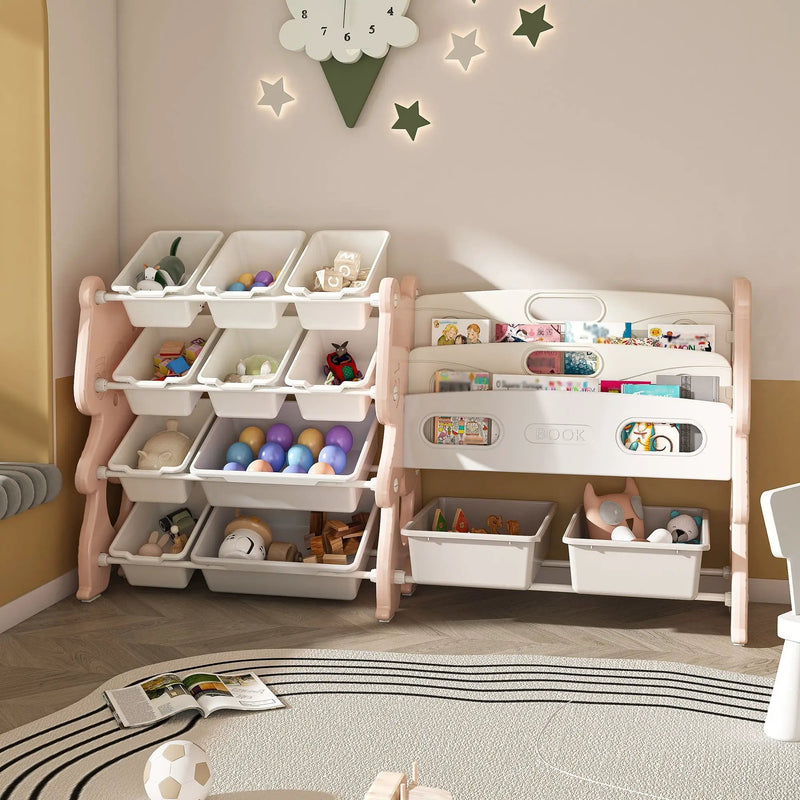 Kids Toy Storage Organizer With 2 Tier Bookshelf, Toy Storage With 12 Bins by HouseOfZazla