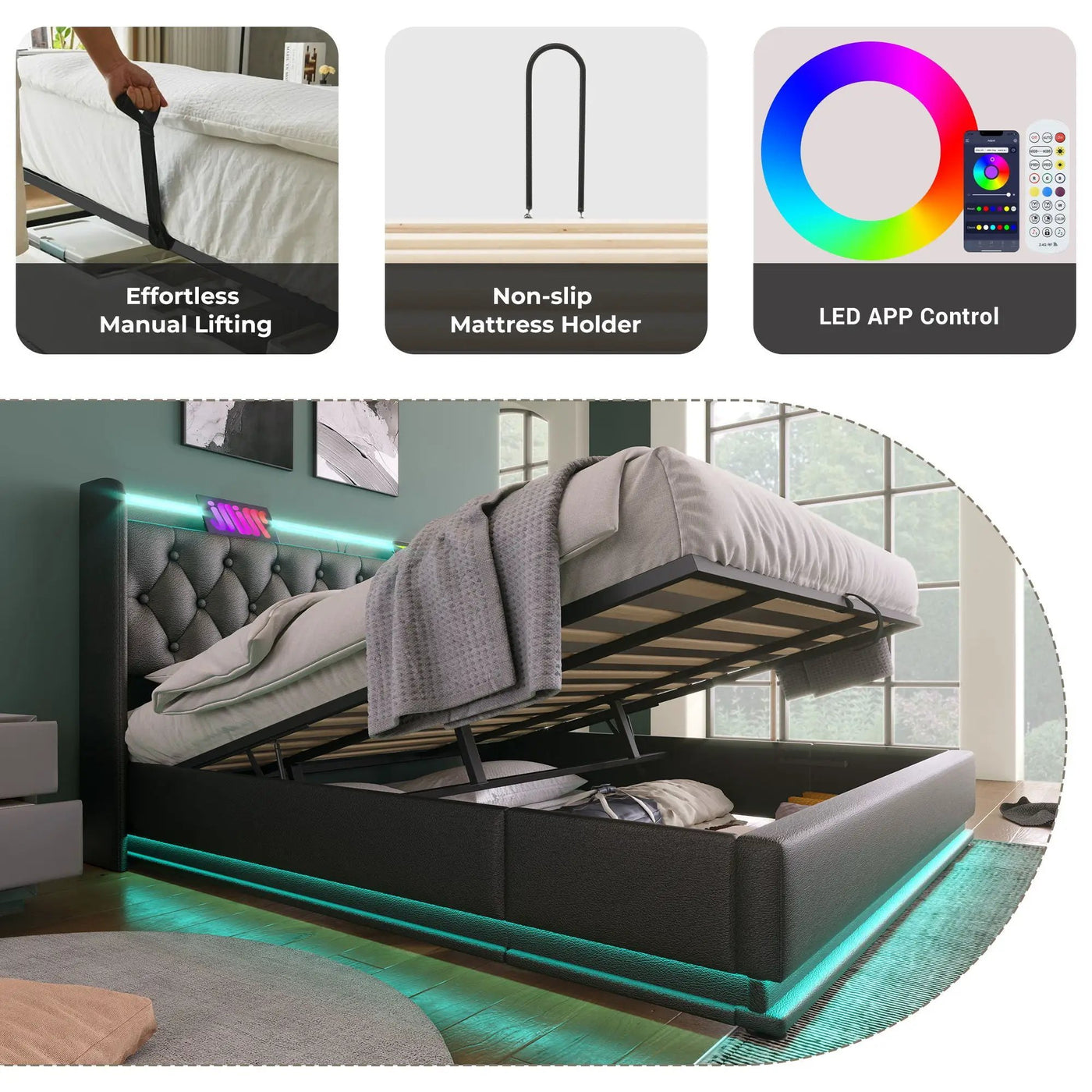 Upholstered Bed, 360 Surround LED Function, Remote Control, Hydraulic Storage Bed With USB, Type-C Charging (Without Mattress) by Unique Piece Furniture