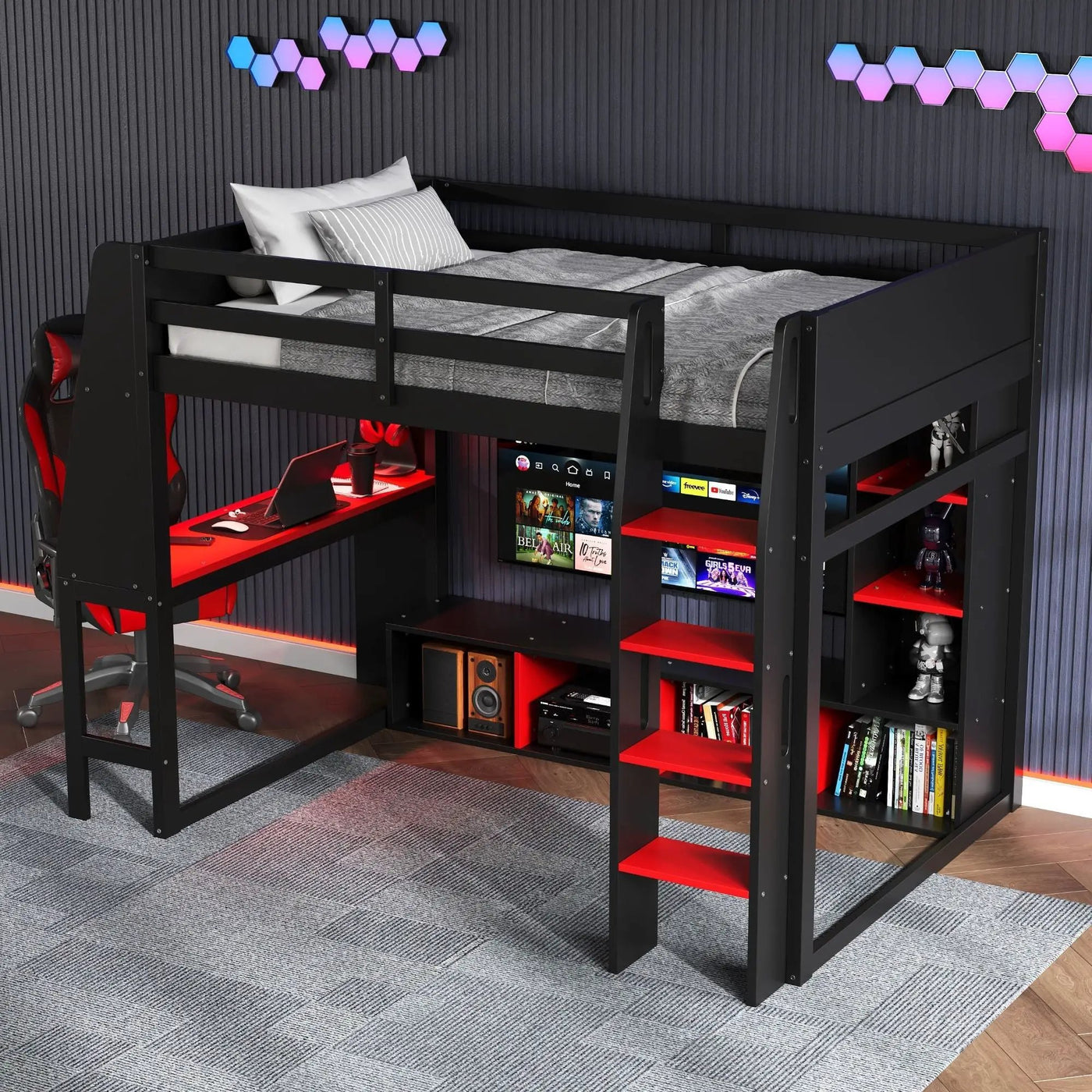 Gaming Loft Bed With Desk, Multi Storage Shelves, LED Lighting, And Hanging Clothes Rack by HouseOfZazla