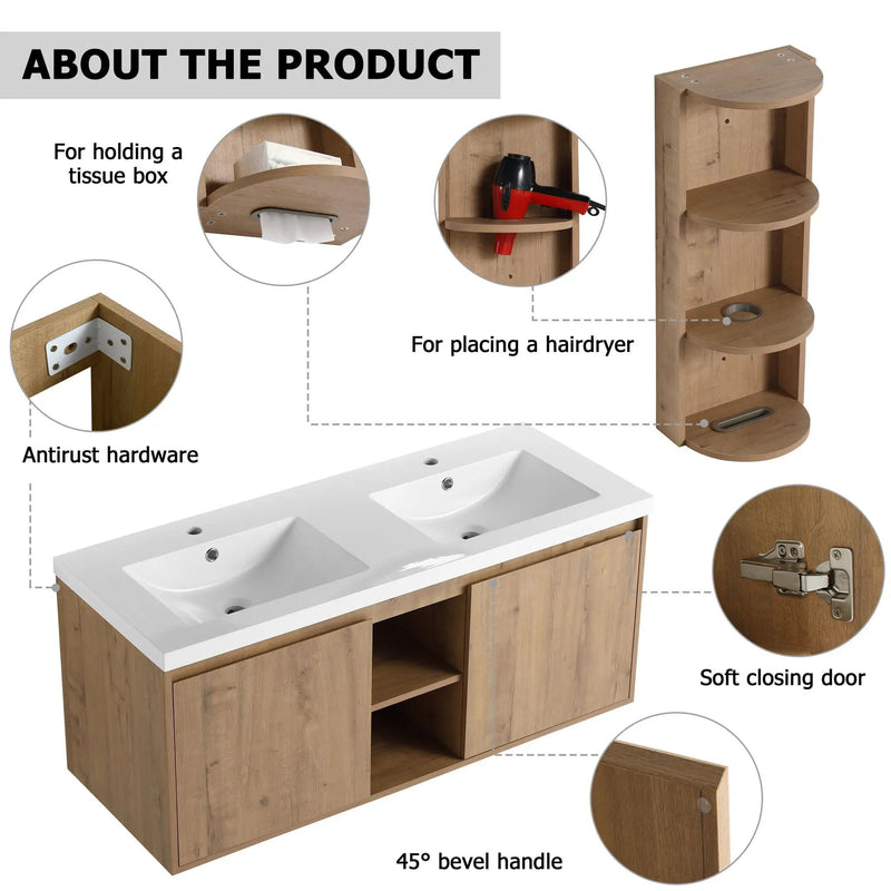48" Wall Mounted Bathroom Vanity With Double Resin Sink And Storage Rack Soft Close Doors Plywood Construction - Imitative Oak by Unique Piece Furniture