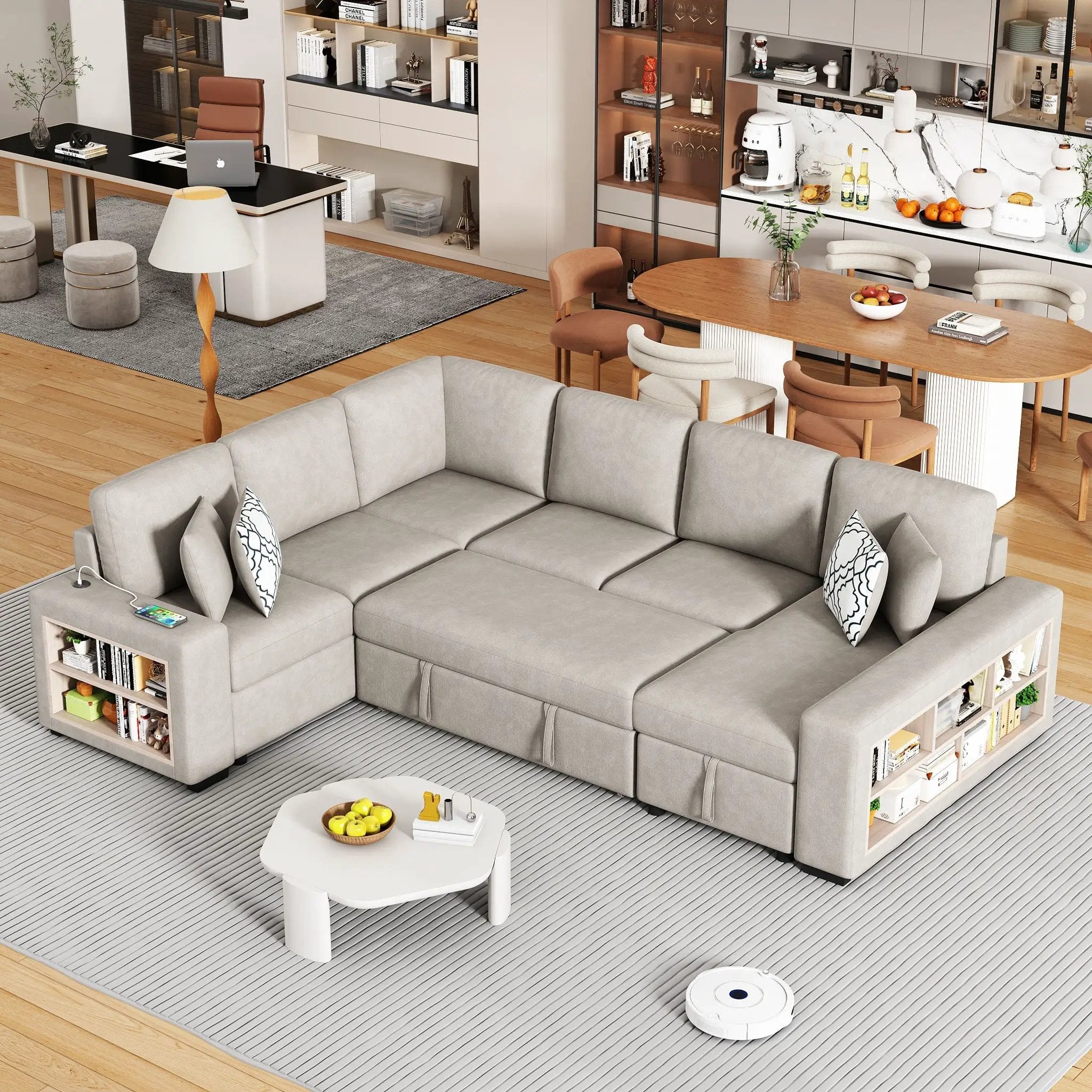 U-Shaped Sectional Sofa Pull-Out Sofa Bed With Two USB Ports, A Storage Chaise Lounge And Four Back Pillows For Living Room by Unique Piece Furniture