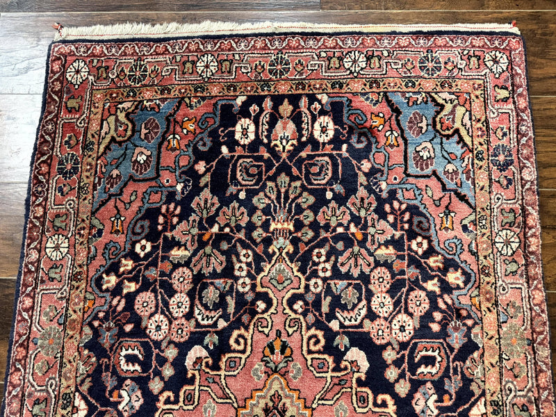 Persian Rug 3x5, Jozan Sarouk Rug, Navy Blue and Coral, Medallion Rug, Semi Antique by Jewel Rugs
