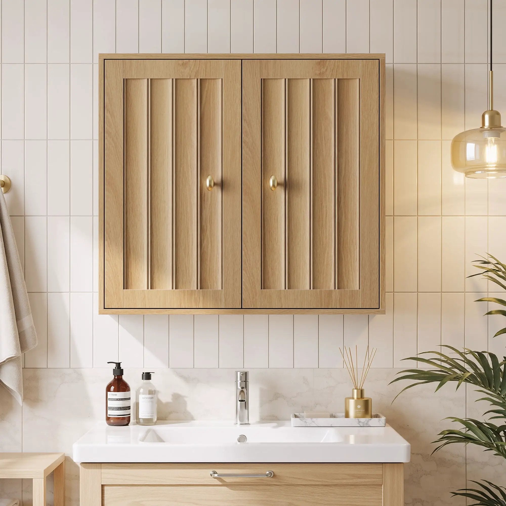 Wall Mounted Bathroom Cabinet With Double Doors And Vertical Grooved Design For Bathrooms - Oak by Unique Piece Furniture