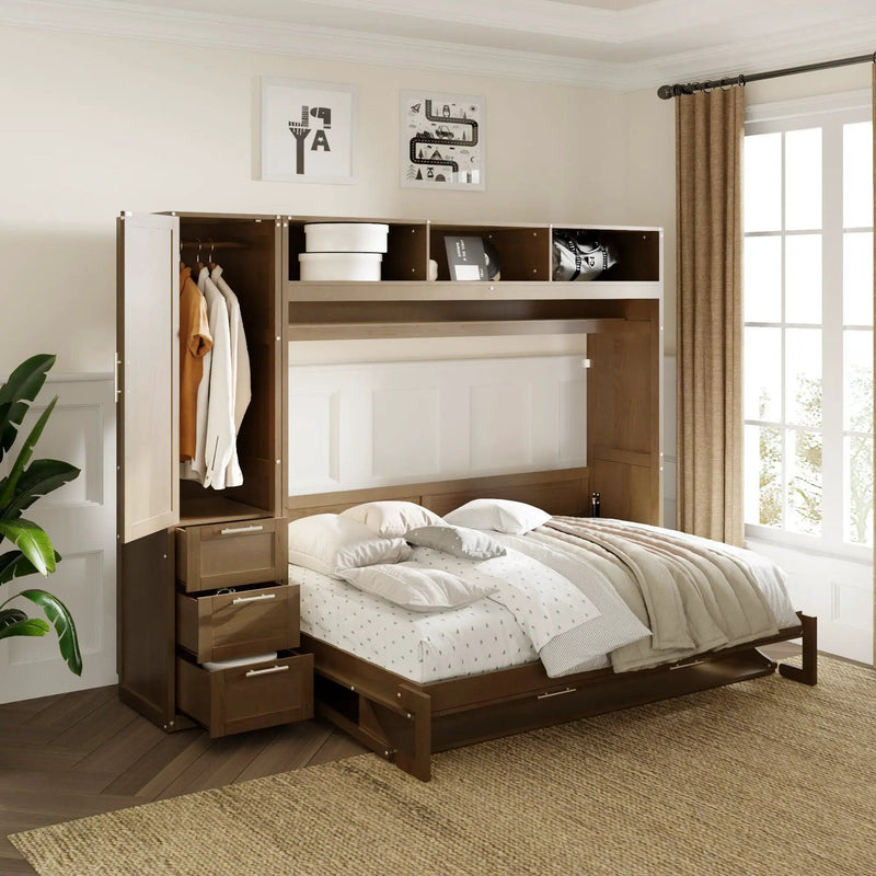 Full Size Murphy Bed With Wardrobe, Drawers, And Open Shelves - Wood by Unique Piece Furniture