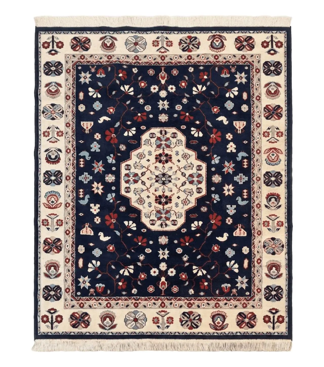 Belgium Power Loomed Rug 5.6 x 7, Navy Blue and Ivory, Heriz Pattern, Vintage Oriental Carpet by Jewel Rugs