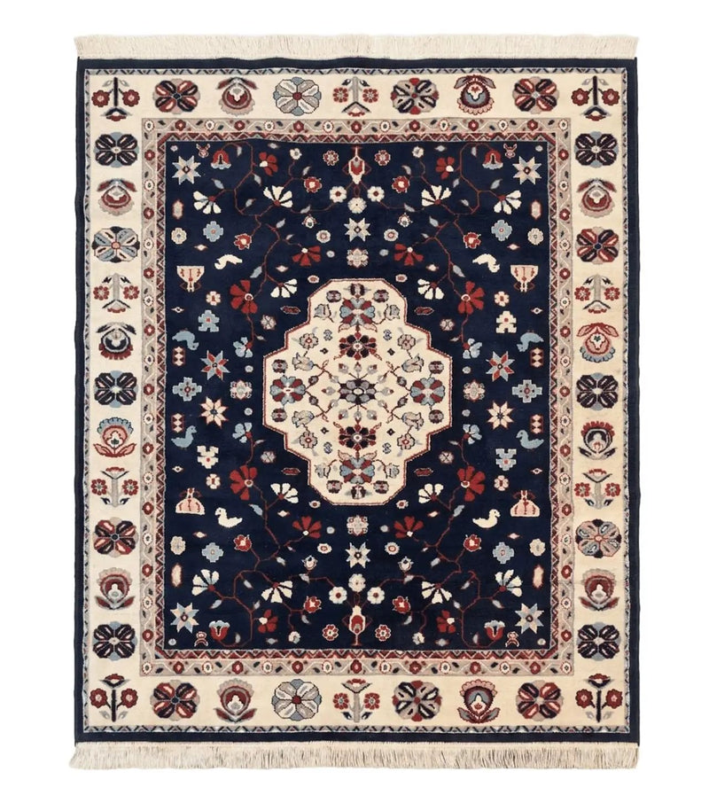 Belgium Power Loomed Rug 5.6 x 7, Navy Blue and Ivory, Heriz Pattern, Vintage Oriental Carpet by Jewel Rugs