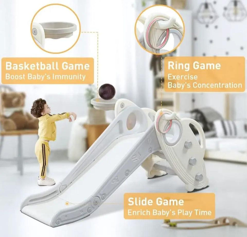 Open Box Onasti Kids Slide for Toddlers Age 1-3 Indoor Baby Plastic Slide Outdoor Climber Freestanding Playset with Basketball Hoop & Ring Game Grey by Selzalot