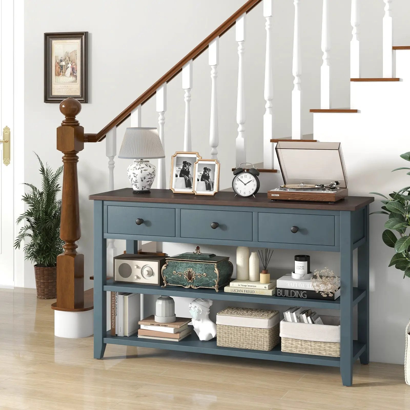 50 Inch Entryway Table Narrow Long Sofa Table with Drawers and Shelves-Dark Blue by DirectDeals