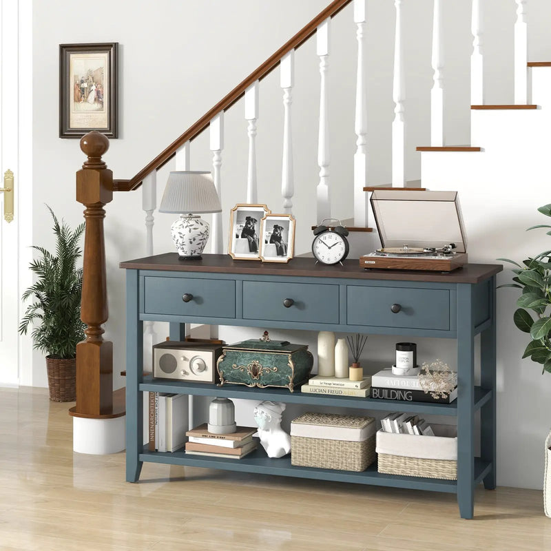 50 Inch Entryway Table Narrow Long Sofa Table with Drawers and Shelves-Dark Blue by DirectDeals
