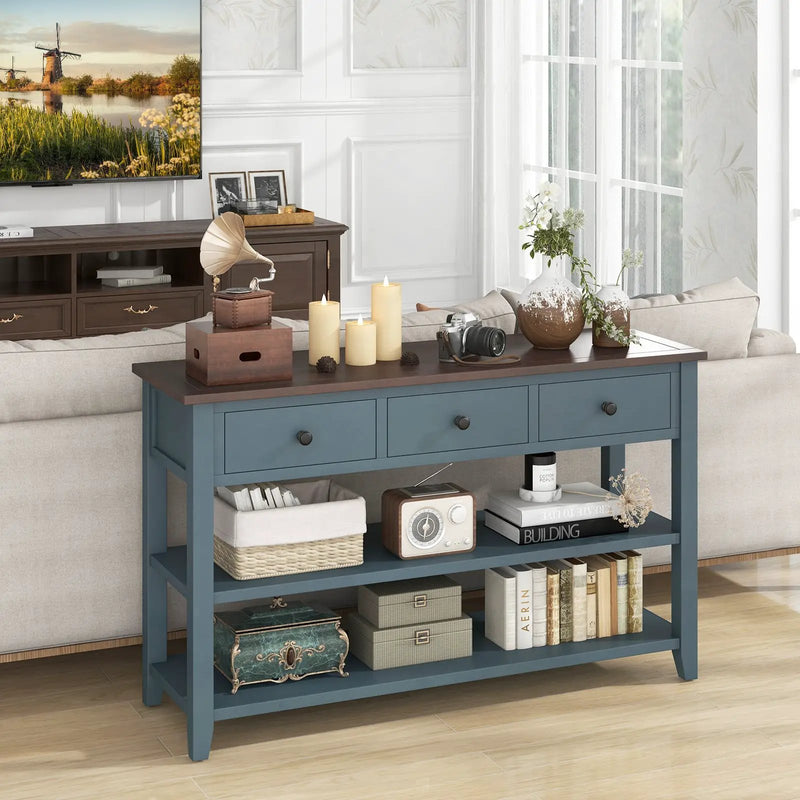 50 Inch Entryway Table Narrow Long Sofa Table with Drawers and Shelves-Dark Blue by DirectDeals