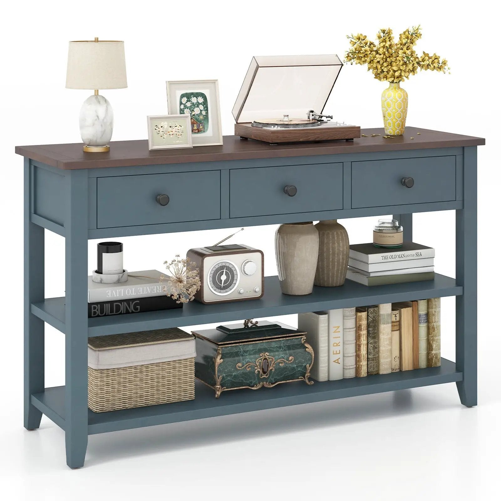 50 Inch Entryway Table Narrow Long Sofa Table with Drawers and Shelves-Dark Blue by DirectDeals