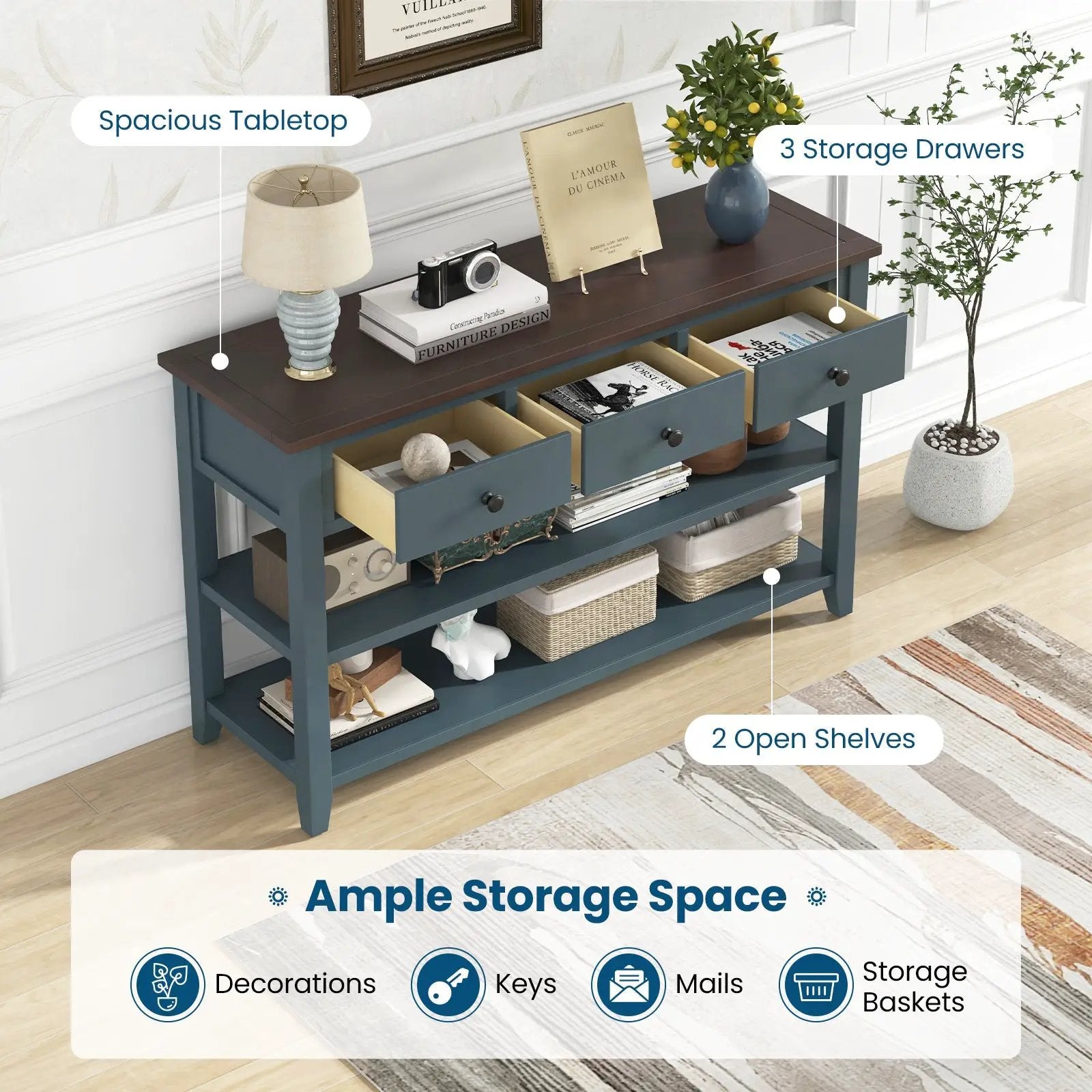 50 Inch Entryway Table Narrow Long Sofa Table with Drawers and Shelves-Dark Blue by DirectDeals