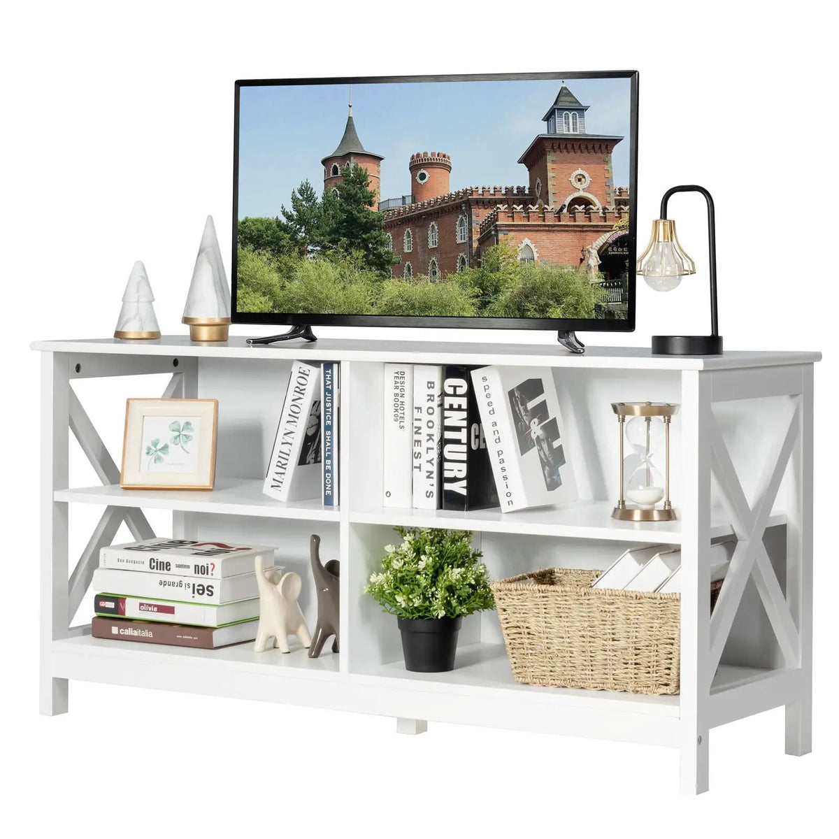 Wooden TV Stand Entertainment for TVs up to 55 Inch with X-Shaped Frame, photo 24 of 32
