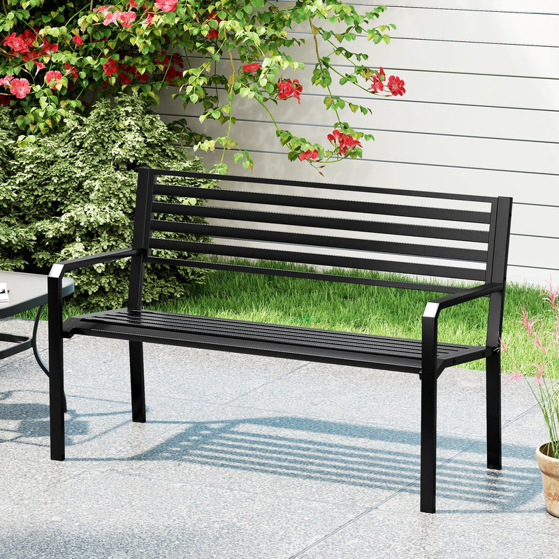 50 Inch Outdoor Metal Park Bench Patio Slatted Garden Bench for 2-3 People-Black by DirectDeals