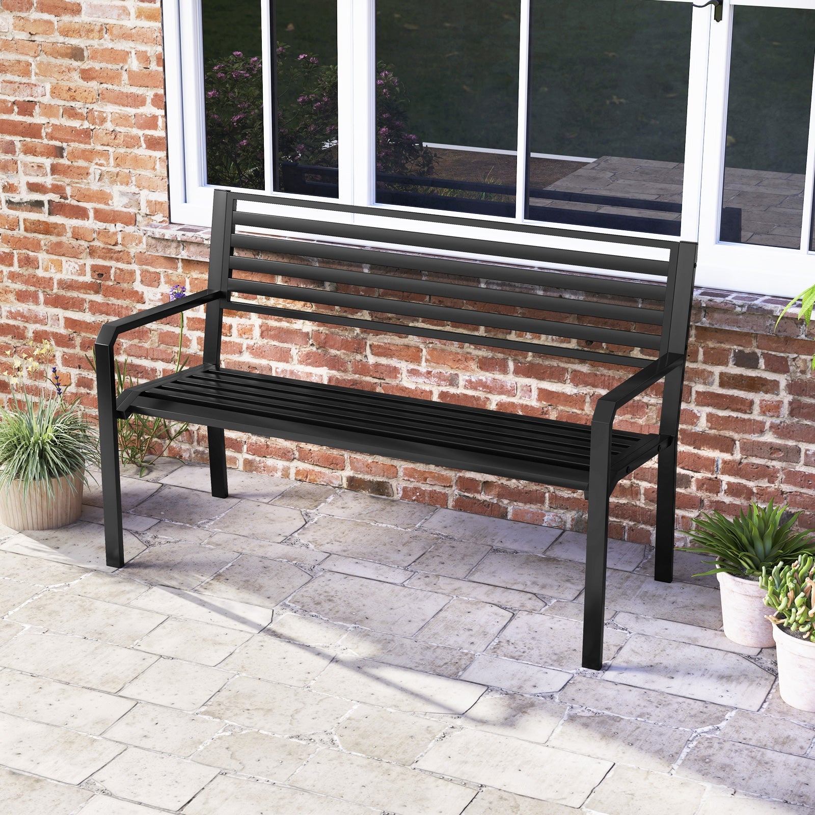50 Inch Outdoor Metal Park Bench Patio Slatted Garden Bench for 2-3 People-Black by DirectDeals
