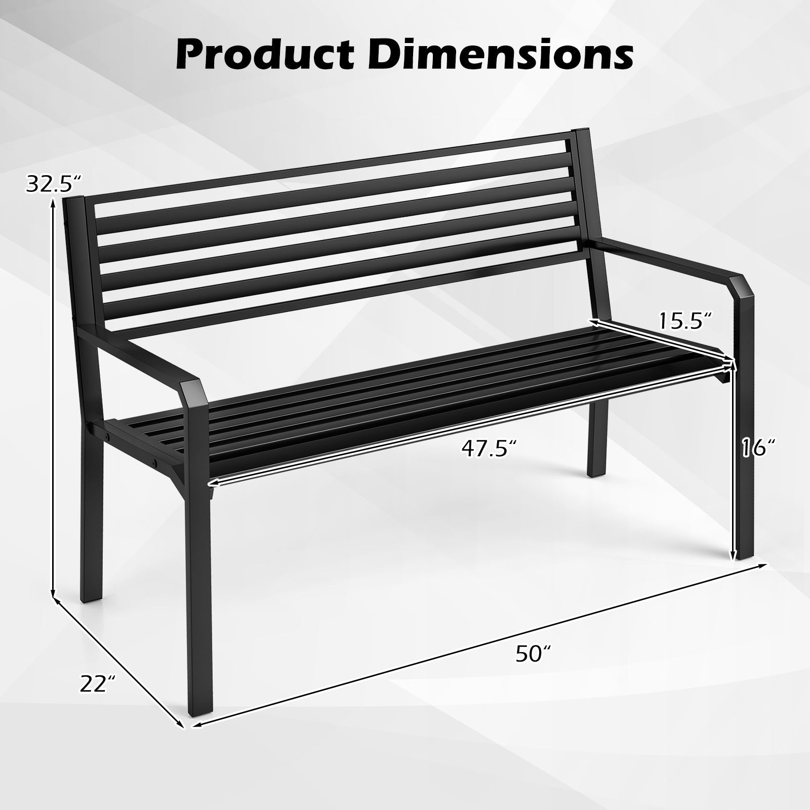 50 Inch Outdoor Metal Park Bench Patio Slatted Garden Bench for 2-3 People-Black by DirectDeals