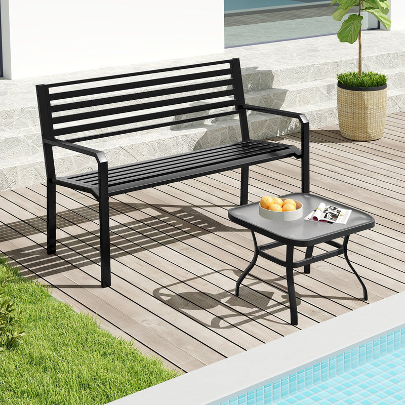 50 Inch Outdoor Metal Park Bench Patio Slatted Garden Bench for 2-3 People-Black by DirectDeals