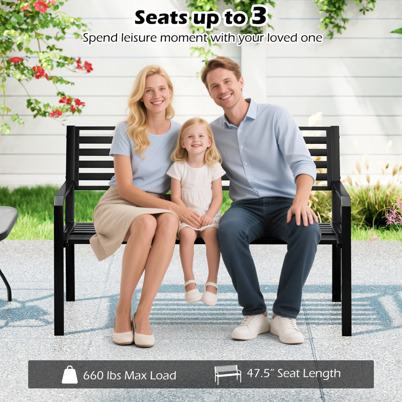 50 Inch Outdoor Metal Park Bench Patio Slatted Garden Bench for 2-3 People-Black by DirectDeals